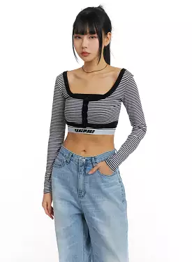 Round Neck Striped Long Sleeve Crop Top CM407