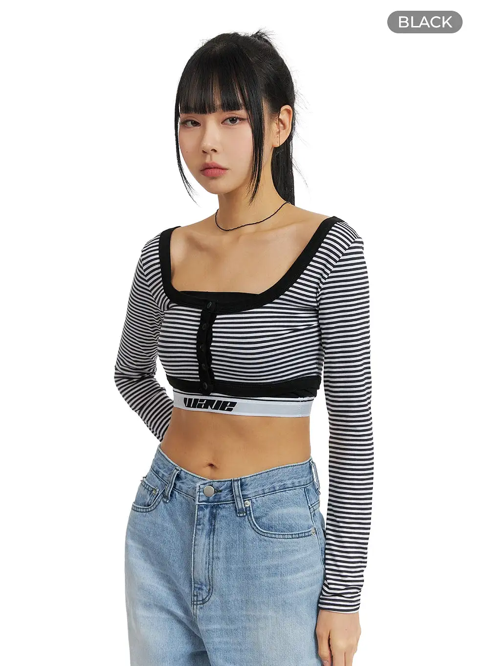 Round Neck Striped Long Sleeve Crop Top CM407