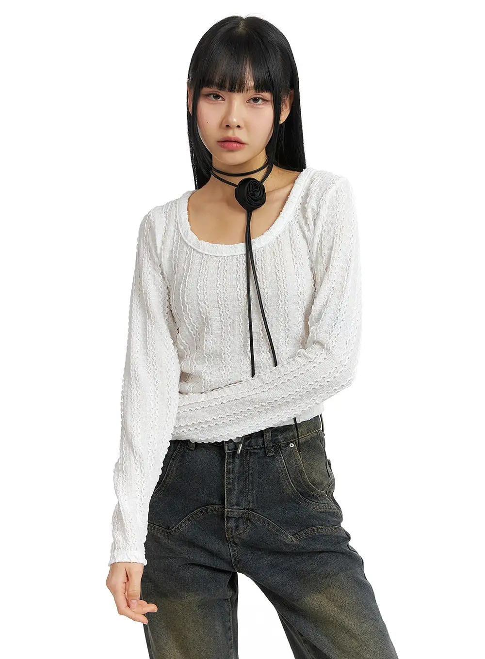 Round Neck Textured Long Sleeve CM407