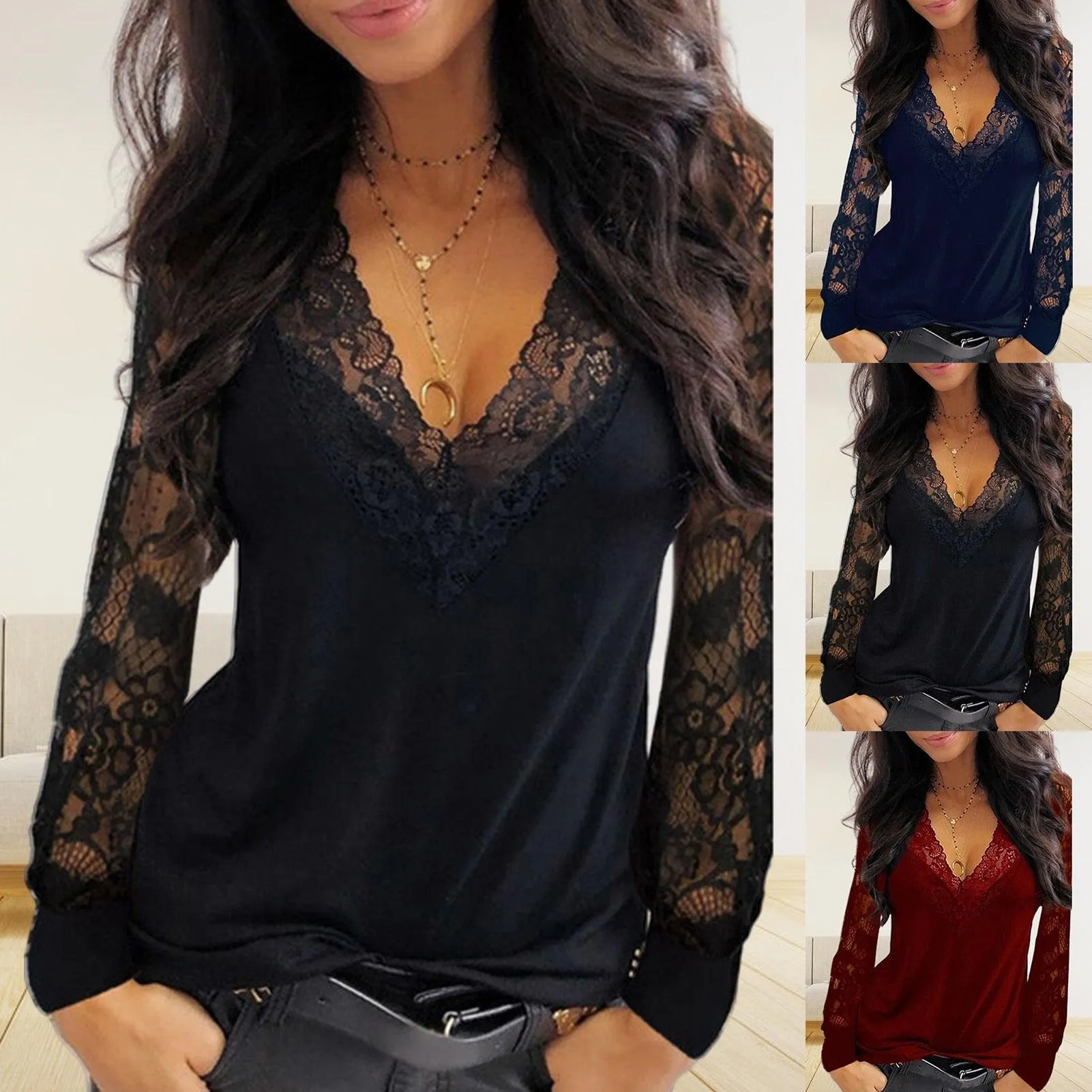 See-Through Long Sleeve Top - Deep V-Neck with Lace Trim