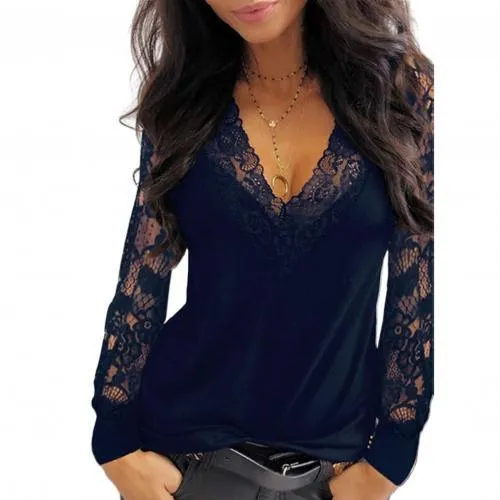 See-Through Long Sleeve Top - Deep V-Neck with Lace Trim