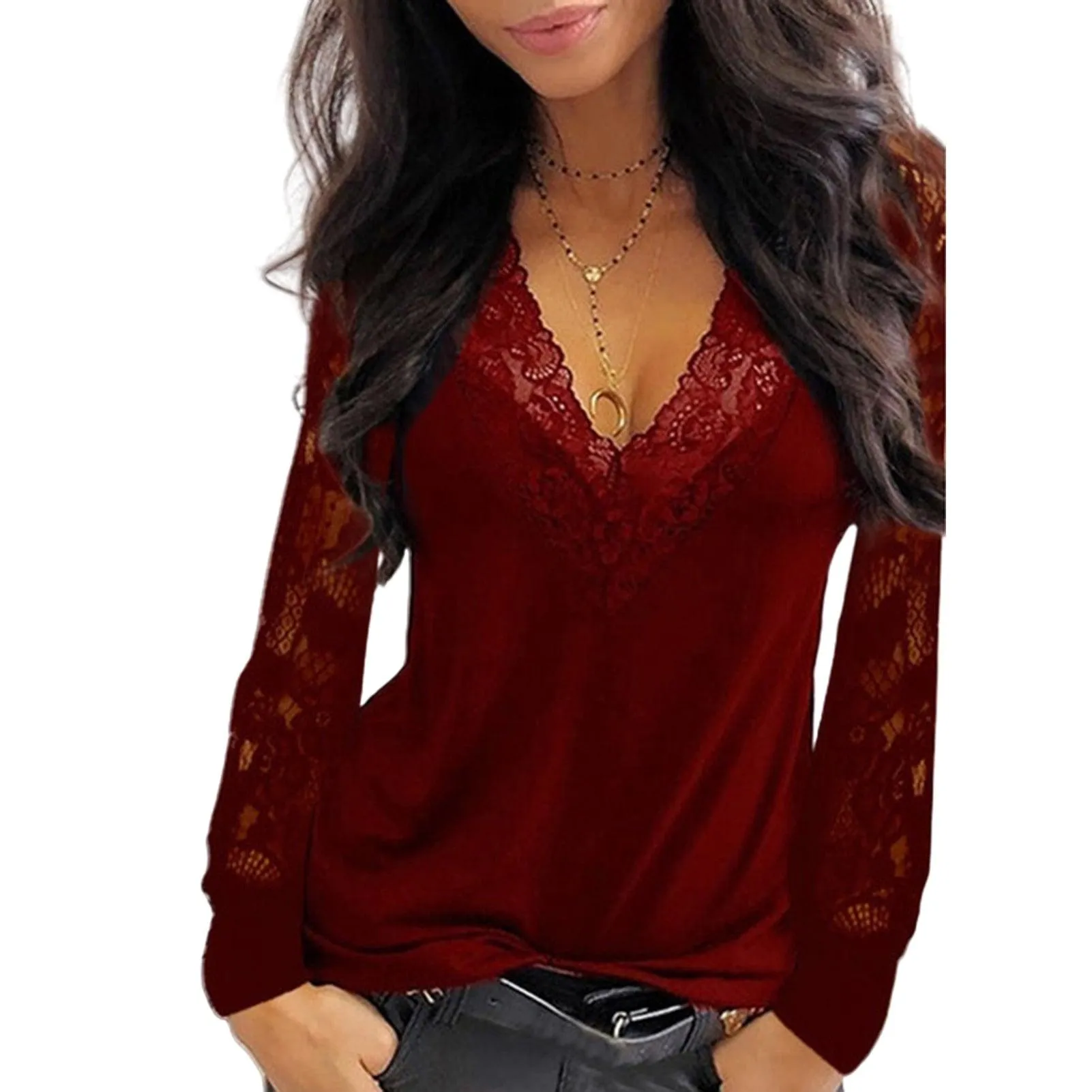 See-Through Long Sleeve Top - Deep V-Neck with Lace Trim