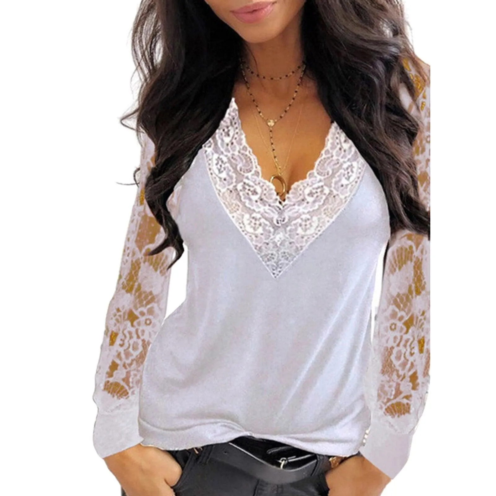 See-Through Long Sleeve Top - Deep V-Neck with Lace Trim