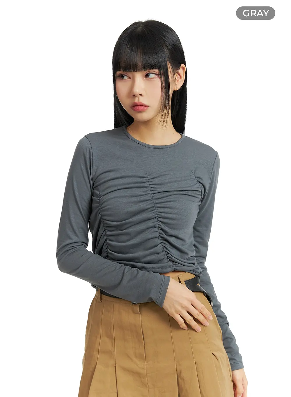 Solid Round Neck Ruched Long Sleeve Top CM407