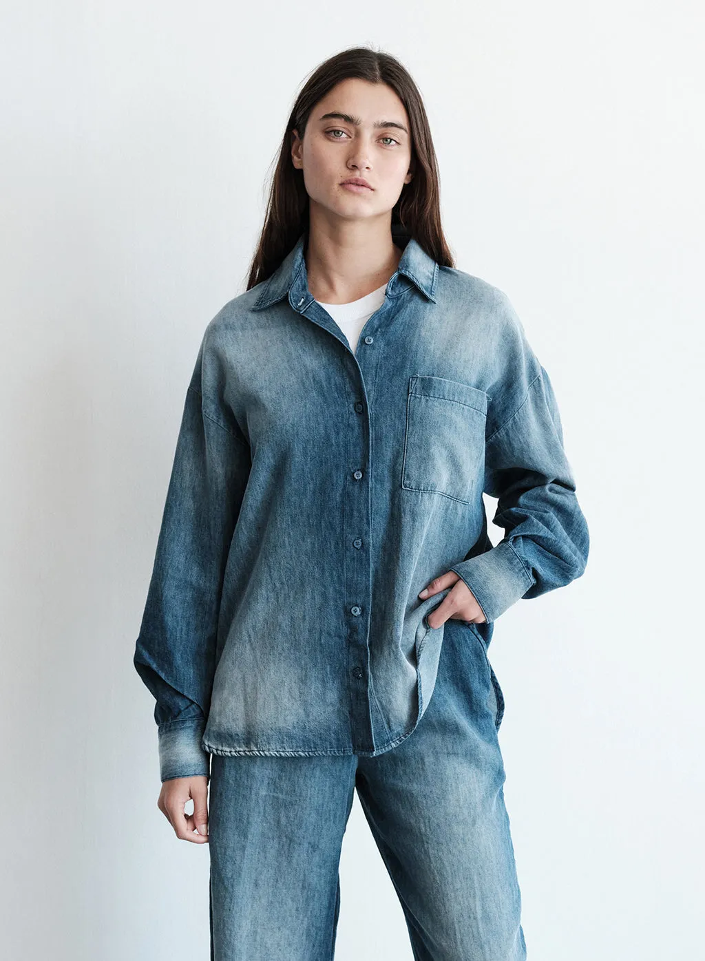 Stonewashed Chambray Oversized Shirt in Medium Wash