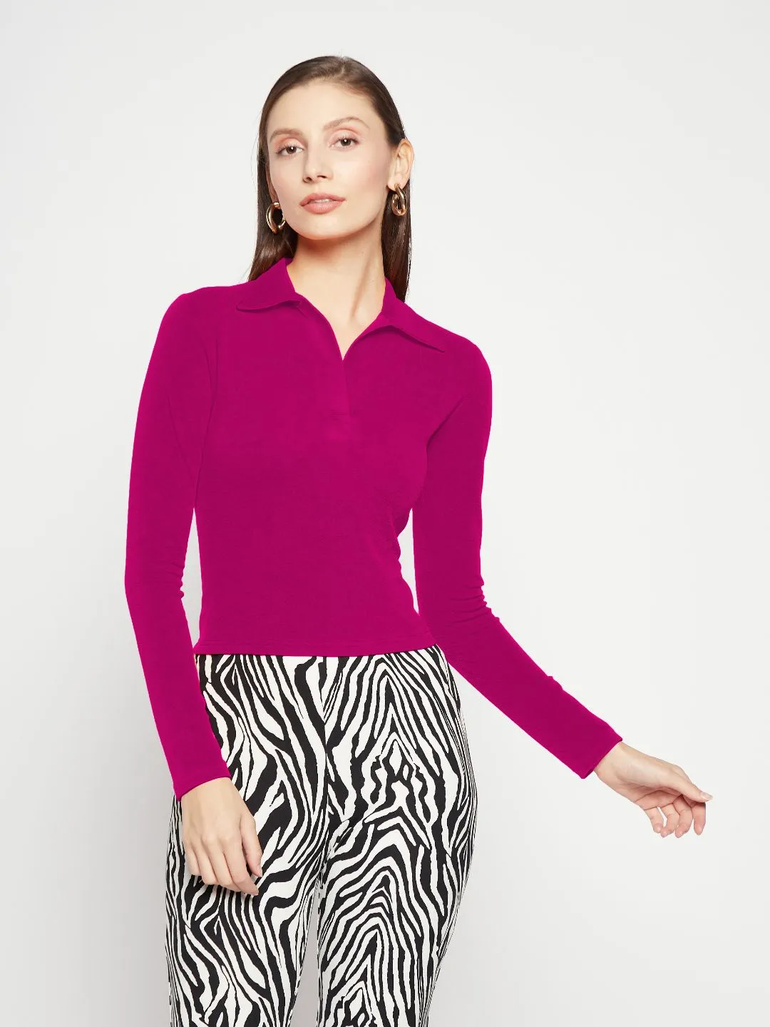 Stretchable Cotton Full Sleeve Collared Top