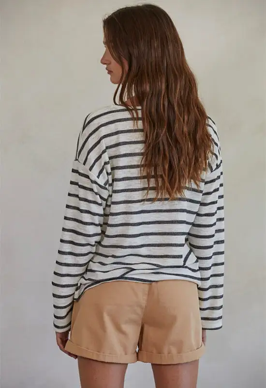 Striped Round Neck Top - Black Ivory