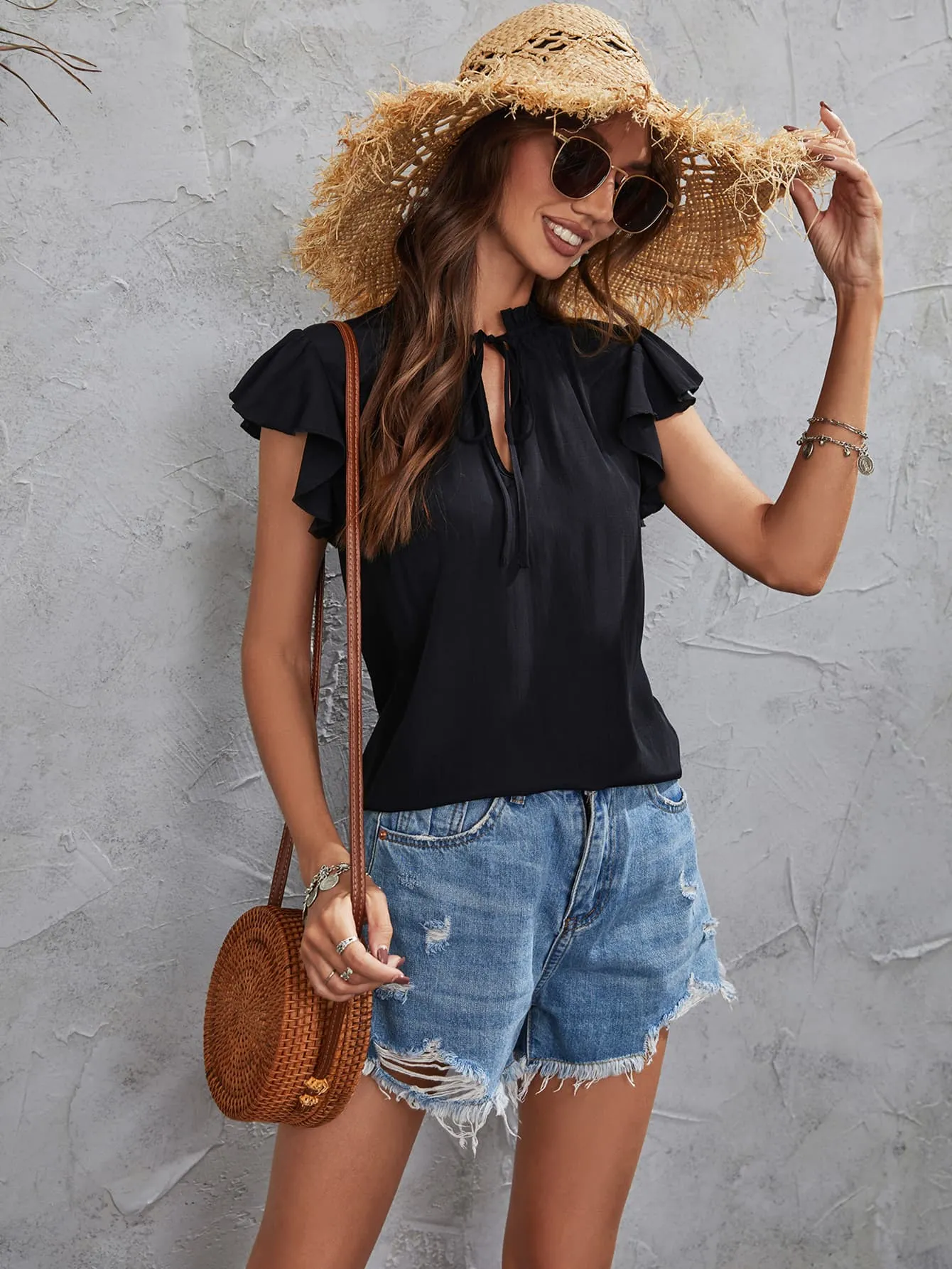 Tie Neck Flutter Sleeve Top