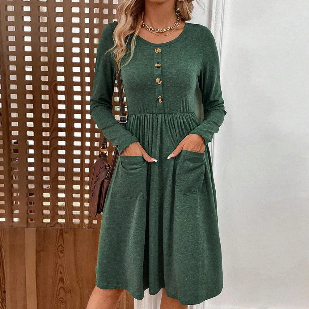 Waist collection round neck A-line skirt button pocket knitted long sleeved dress