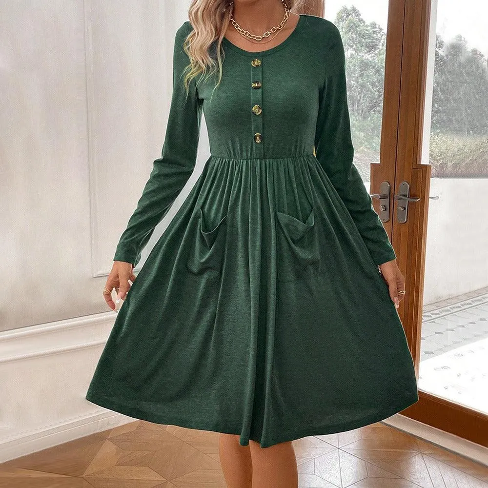 Waist collection round neck A-line skirt button pocket knitted long sleeved dress