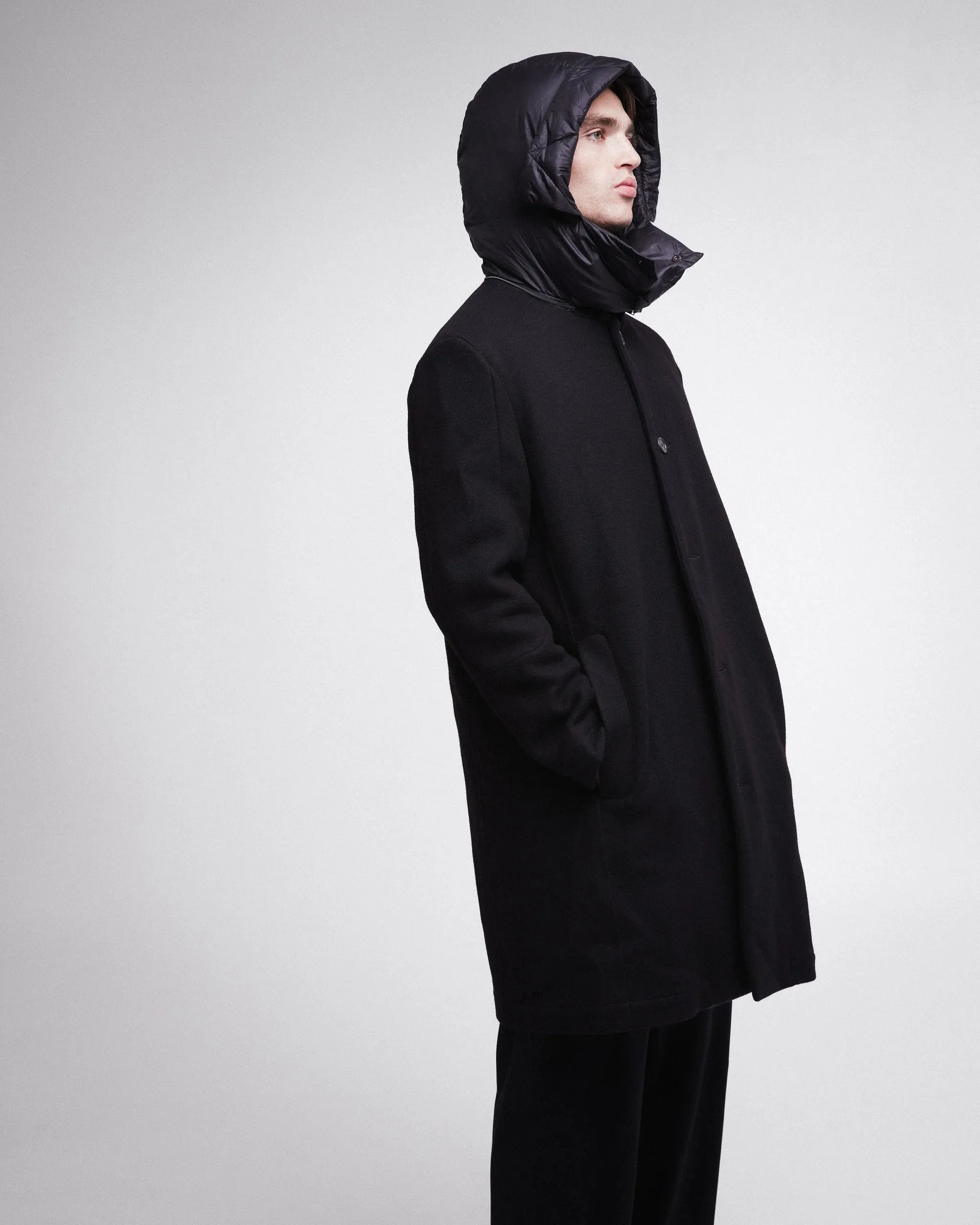 Wool Coat with Nylon Details Black PR400100